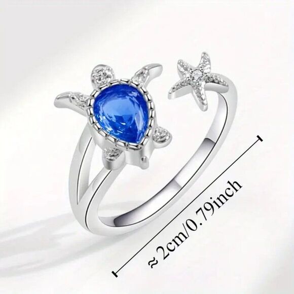 1pc Adjustable Ocean-Inspired Cute Turtle Ring with Blue Gemstone - Picture 2 of 2